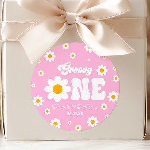 Retro Daisy Flower Groovy One 1st Birthday Party Classic Round Sticker