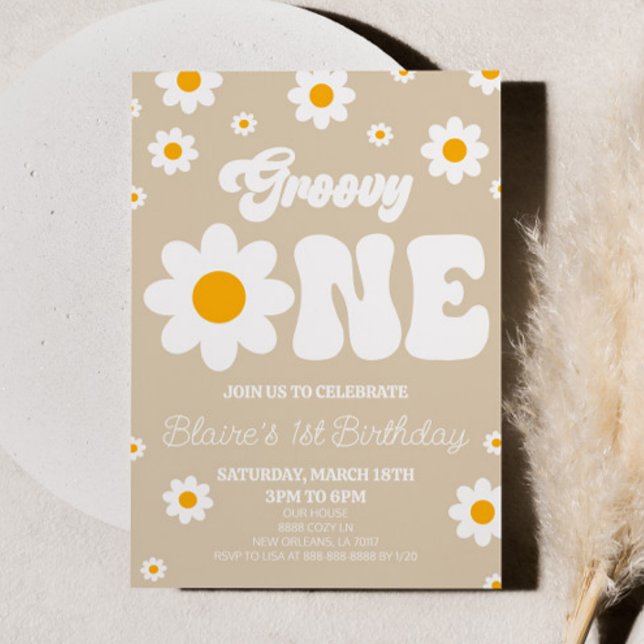 Retro Daisy Flower Groovy One 1st Birthday Party Invitation (Creator Uploaded)