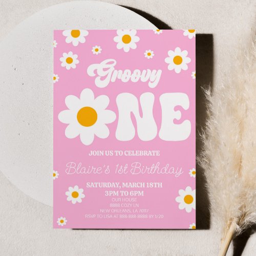 Retro Daisy Flower Groovy One 1st Birthday Party Invitation