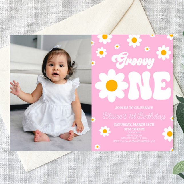Retro Daisy Flower Groovy One 1st Birthday Party Invitation (Creator Uploaded)