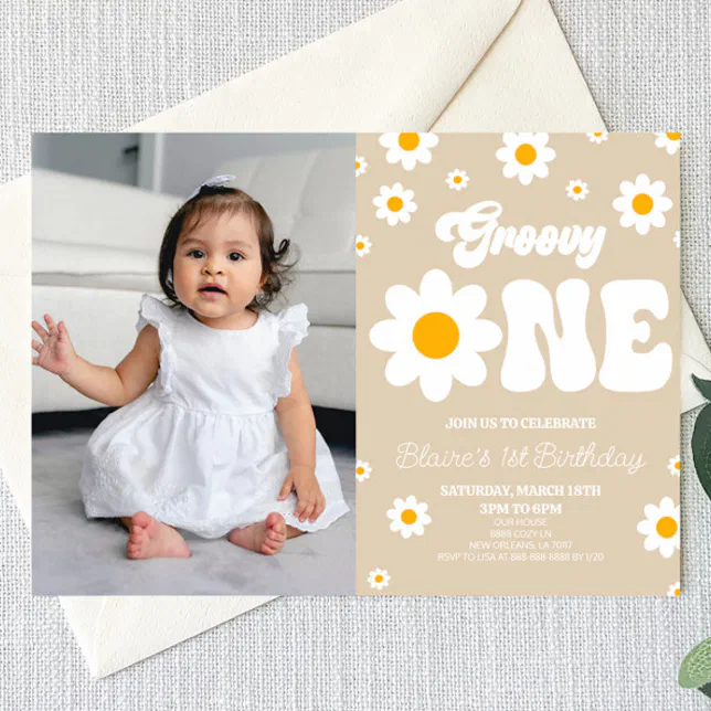 Retro Daisy Flower Groovy One 1st Birthday Party Invitation | Zazzle