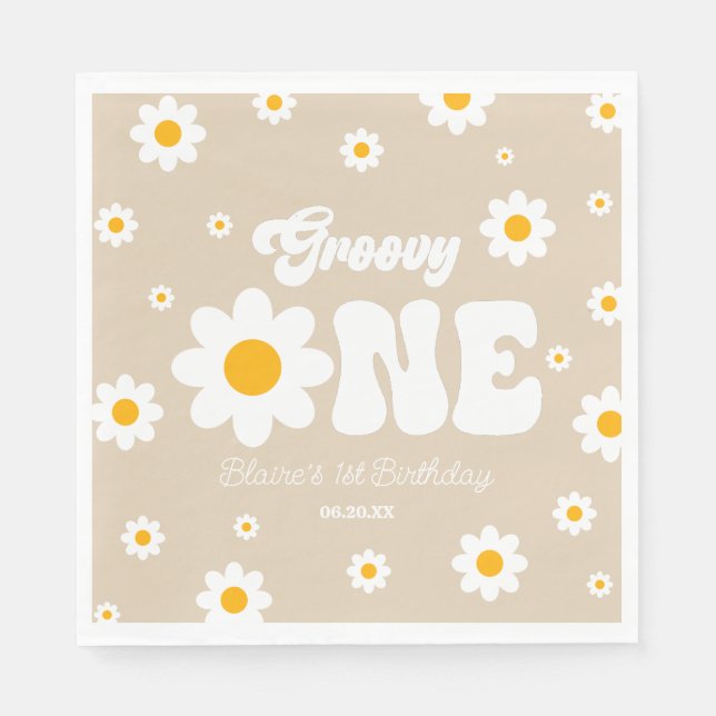 Retro Daisy Flower Groovy One 1st Birthday Party Napkins (Front)