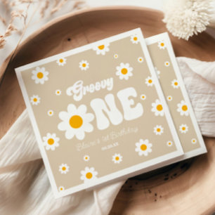 Retro Daisy Flower Groovy One 1st Birthday Party Napkins