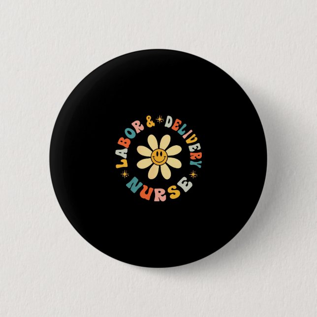 Retro daisy flower labor and delivery nurse back button (Front)