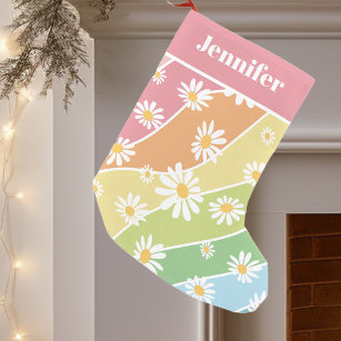 Retro Daisy Flower Pastel Stripes  Monogram Small Christmas Stocking