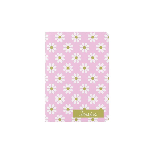 Retro Daisy Flower Pattern in Pink Personalized Passport Holder (Front)