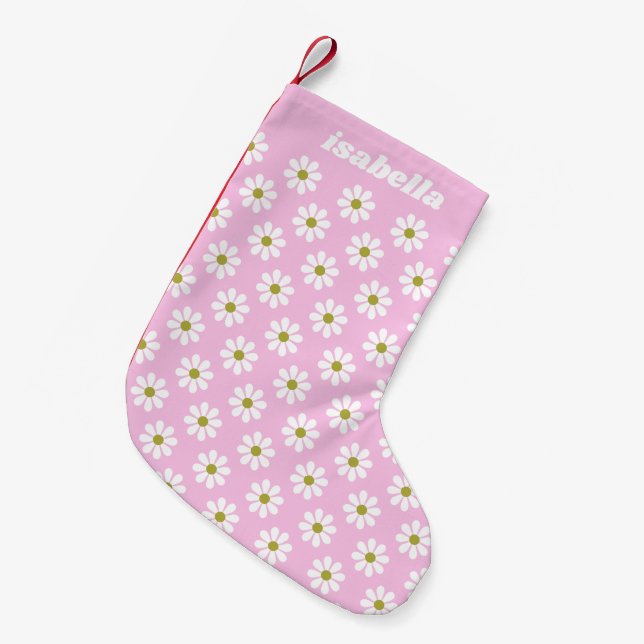 Retro Daisy Flower Pattern in Pink Personalized  Small Christmas Stocking (Front (Hanging))