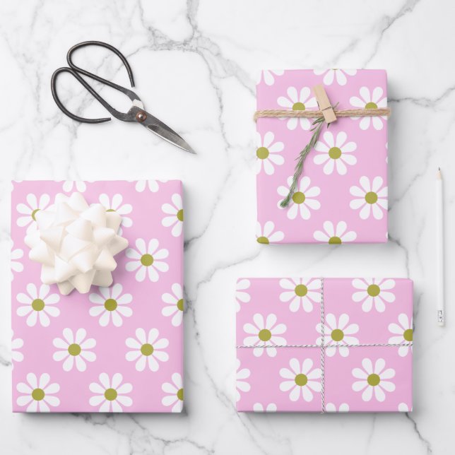 Retro Daisy Flower Pattern in Pink  Wrapping Paper Sheets (Front)