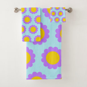 Retro Daisy Flower Power Colorful Light Blue Bath Towel Set