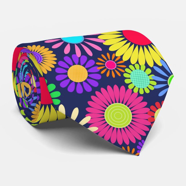Retro Daisy Flower Sixties Surface Pattern Neck Tie (Rolled)