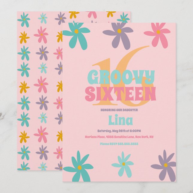  Retro Daisy Flower Sweet 16 Birthday Party  Invitation (Front/Back)
