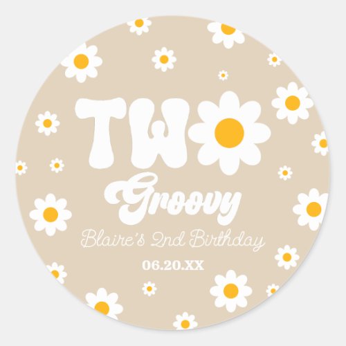 Retro Daisy Flower Two Groovy 2nd Birthday Party Classic Round Sticker