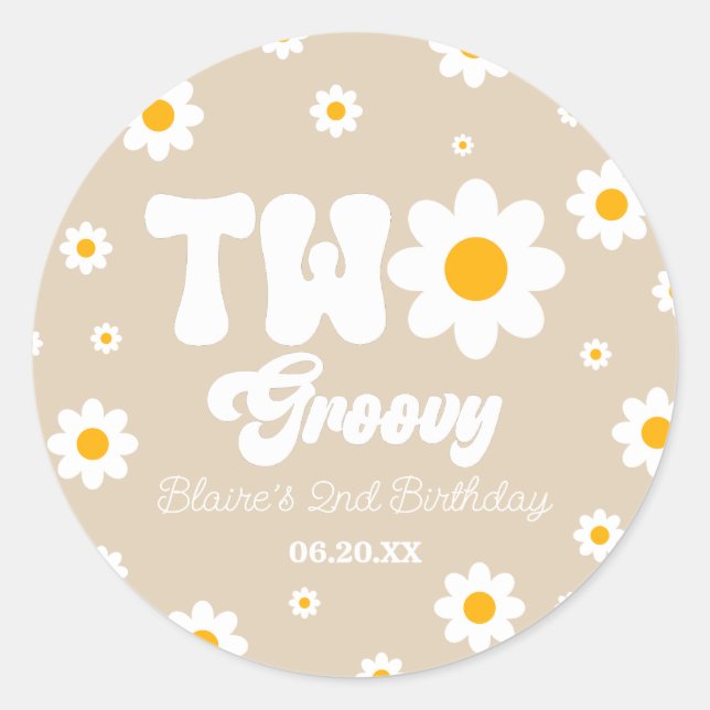 Retro Daisy Flower Two Groovy 2nd Birthday Party Classic Round Sticker (Front)