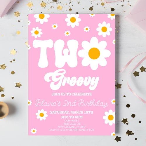Retro Daisy Flower Two Groovy 2nd Birthday Party Invitation
