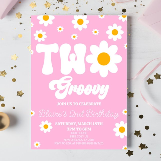 Retro Daisy Flower Two Groovy 2nd Birthday Party Invitation (Creator Uploaded)
