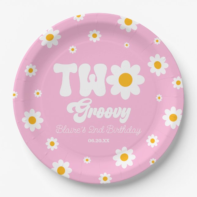 Retro Daisy Flower Two Groovy 2nd Birthday Party Paper Plates (Front)