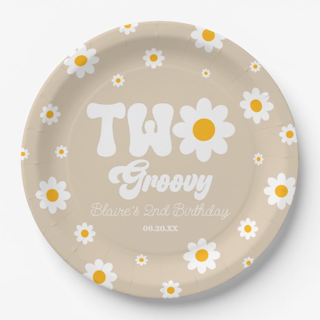 Retro Daisy Flower Two Groovy 2nd Birthday Party Paper Plates (Front)