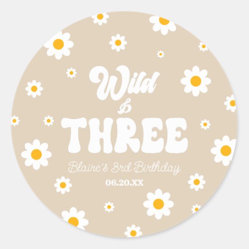 Retro Daisy Flower Wild  Three 3rd Birthday Party Classic Round Sticker