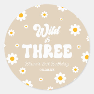 Retro Daisy Flower Wild & Three 3rd Birthday Party Classic Round Sticker