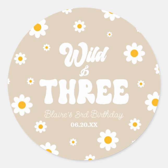 Retro Daisy Flower Wild & Three 3rd Birthday Party Classic Round Sticker (Front)