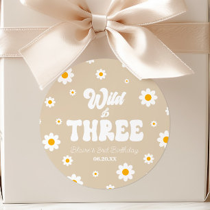 Retro Daisy Flower Wild & Three 3rd Birthday Party Classic Round Sticker