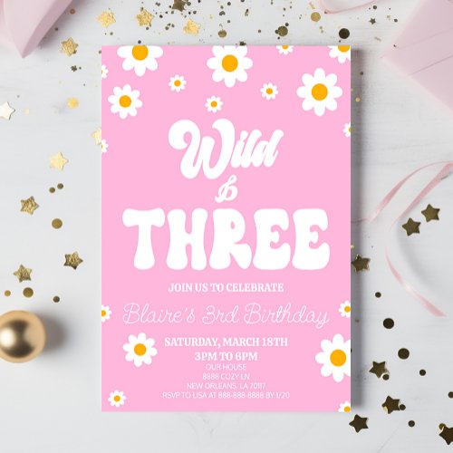 Retro Daisy Flower Wild  Three 3rd Birthday Party Invitation