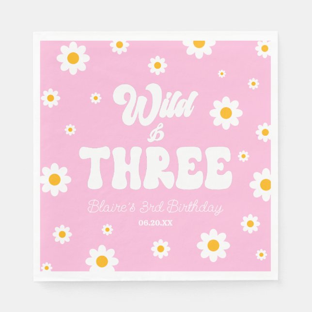 Retro Daisy Flower Wild & Three 3rd Birthday Party Napkins (Front)