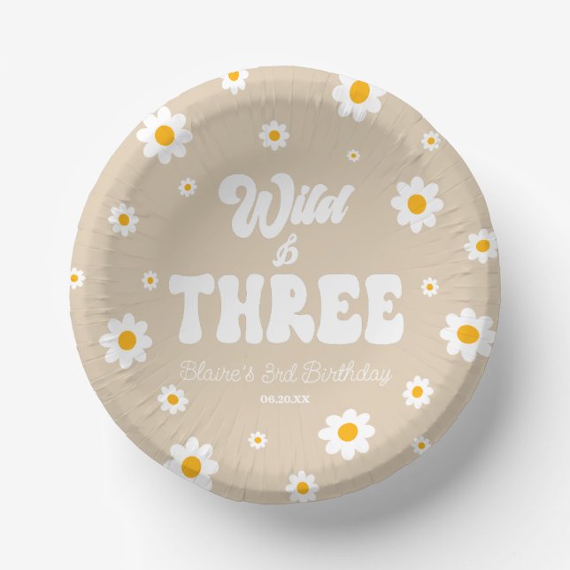 Retro Daisy Flower Wild & Three 3rd Birthday Party Paper Bowls (Front)