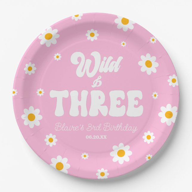 Retro Daisy Flower Wild & Three 3rd Birthday Party Paper Plates (Front)