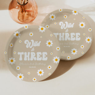 Retro Daisy Flower Wild & Three 3rd Birthday Party Paper Plates