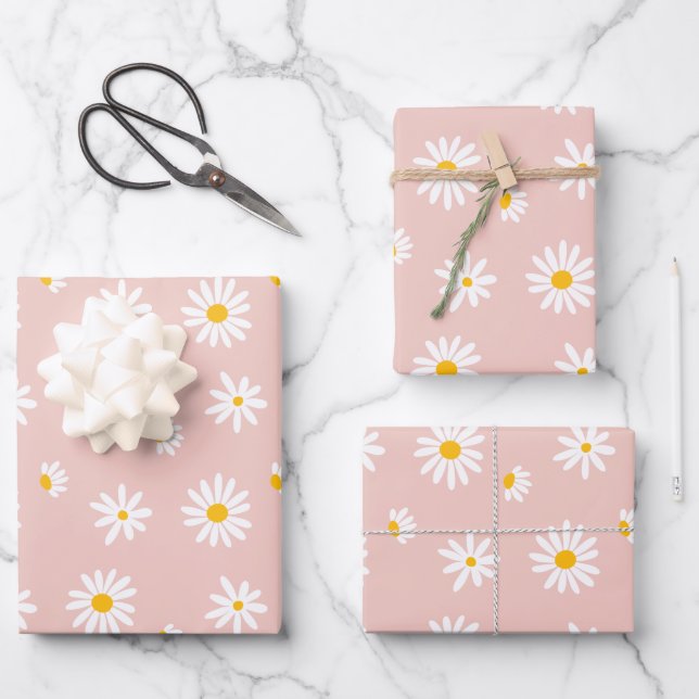 Retro Daisy Flowers Blush Pink Baby Girl Birthday Wrapping Paper Sheets (Front)