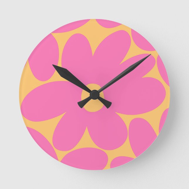 Retro Daisy Flowers in Pink Pale Marigold #1 #art Round Clock (Front)