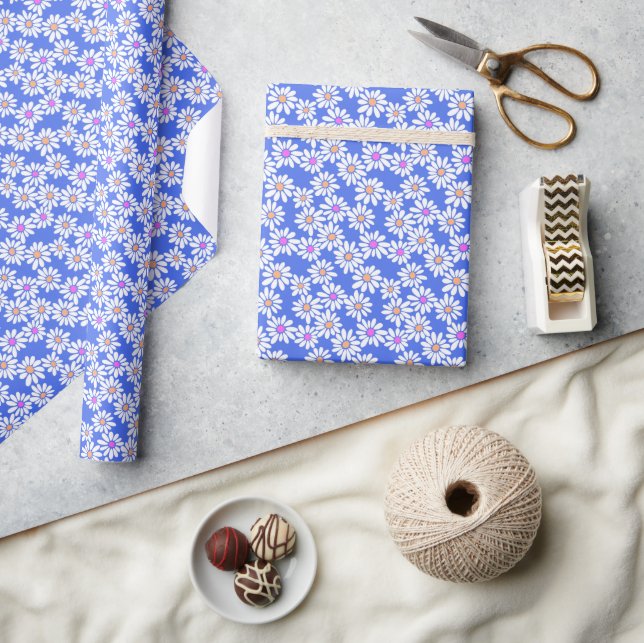 Retro Daisy Flowers on Periwinkle Wrapping Paper (Crafts)