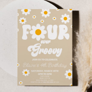 Retro Daisy Four Ever Groovy 4th Birthday Party Invitation