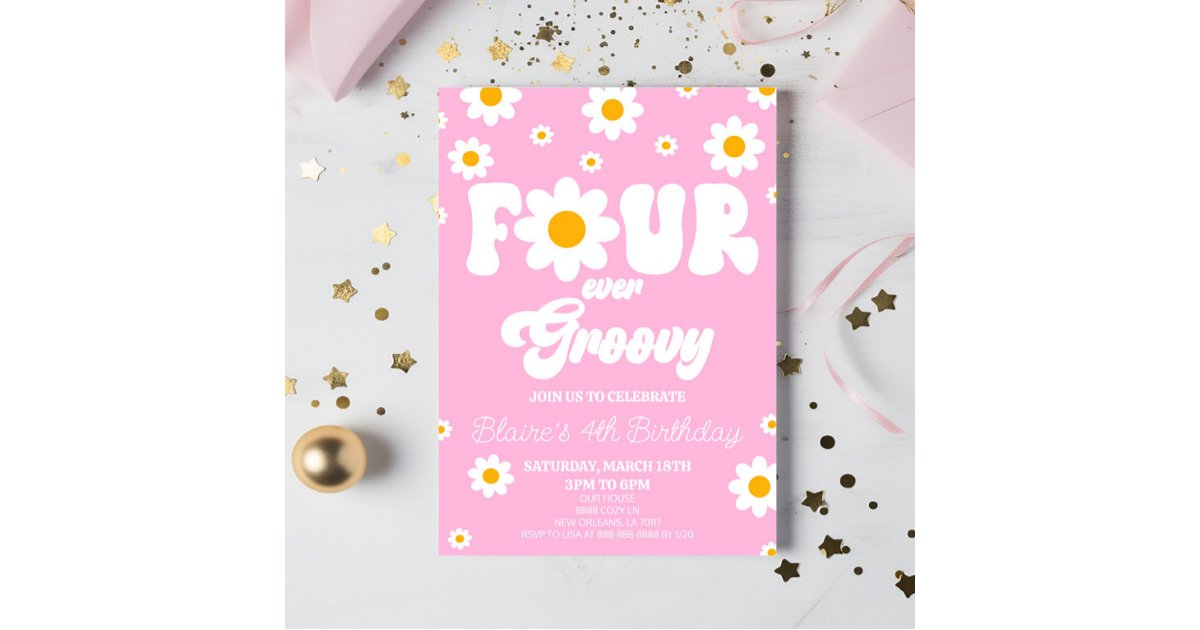 Retro Daisy Four Ever Groovy 4th Birthday Party Invitation | Zazzle
