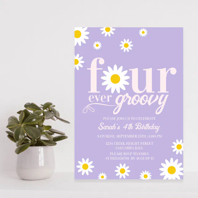 Retro Daisy Four Ever Groovy Purple 4th Birthday Invitation | Zazzle