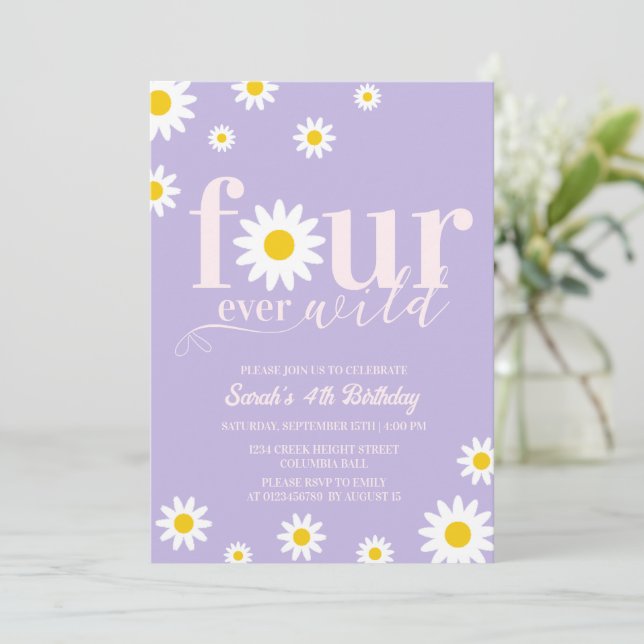 Retro Daisy Four Ever Wild Purple 4th Birthday Invitation (Standing Front)