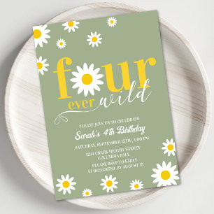 Retro Daisy Four Ever Wild Sage Green 4th Birthday Invitation