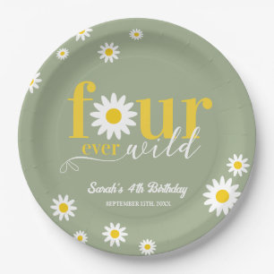 Retro Daisy Four Ever Wild Sage Green 4th Birthday Paper Plates