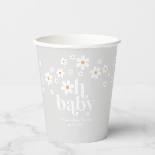 Retro Daisy Grey Oh Baby Baby Shower Paper Cups