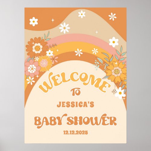 Retro daisy groovy baby shower welcome poster