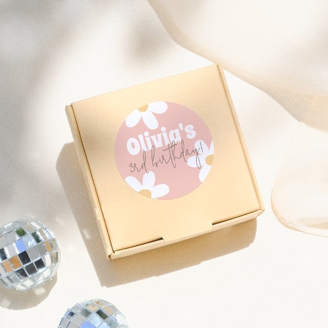 Retro Daisy Groovy Girl Birthday Party Classic Round Sticker (Creator Uploaded)