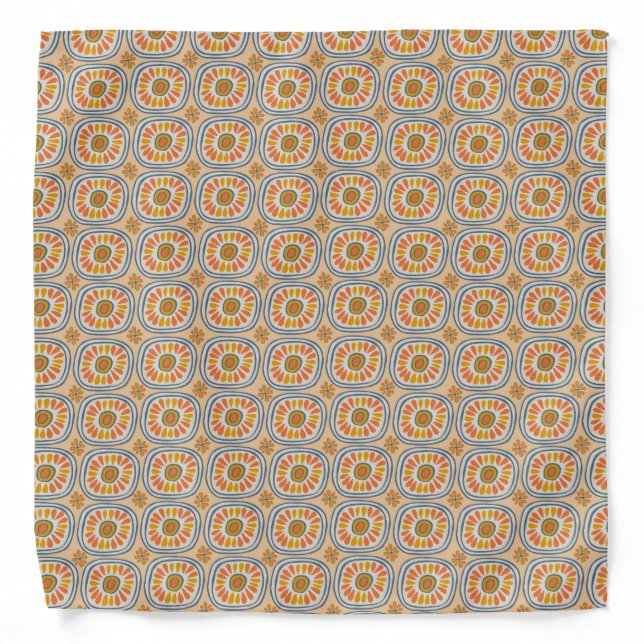 Retro Daisy Hand Drawn Geometric Tile Pattern Bandana (Front)
