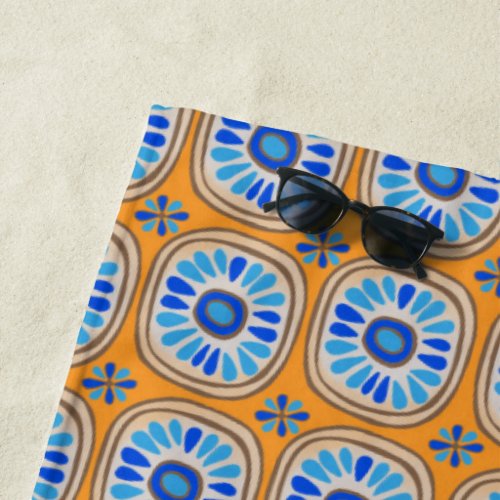Retro Daisy Hand Drawn Tiles Pattern Blue Orange Beach Towel