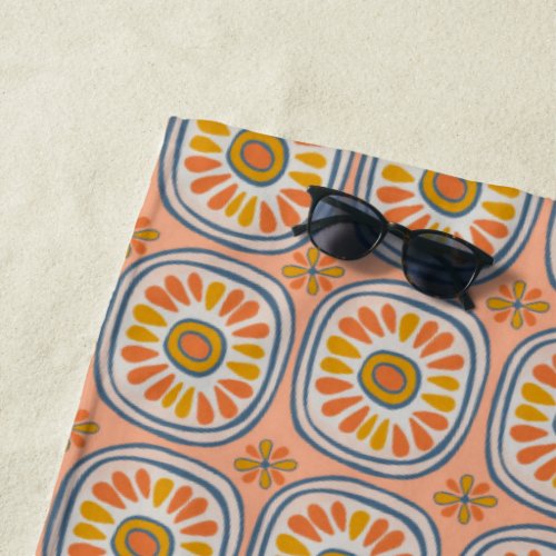 Retro Daisy Hand Drawn Tiles Pattern Blue Orange Beach Towel