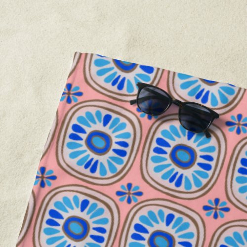 Retro Daisy Hand Drawn Tiles Pattern Blue Pink Beach Towel