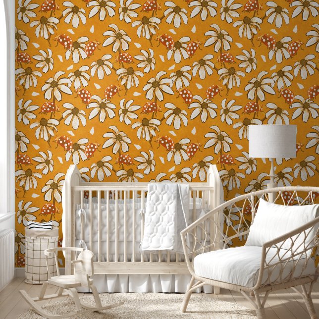 Retro Daisy & Ladybug Yellow Floral  Wallpaper (Kids)