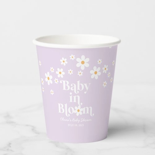Retro Daisy lavender Baby in Bloom Baby Shower Paper Cups
