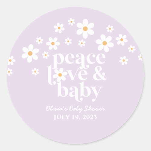 Retro Daisy lavender boho Peace Love Baby Shower Classic Round Sticker