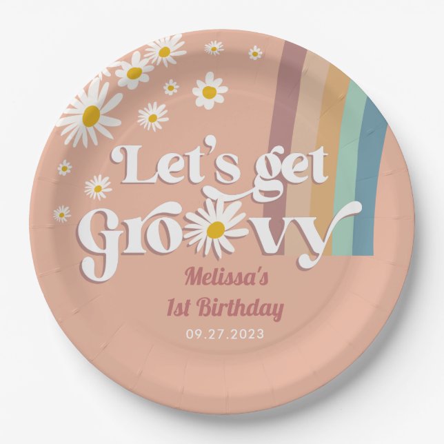 Retro Daisy Let's get Groovy Birthday Paper Plates (Front)